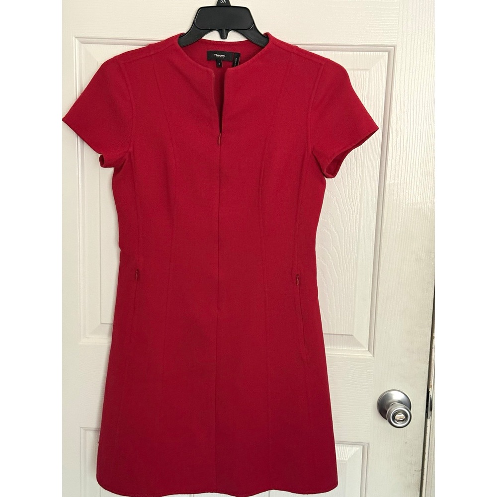 Theory Apalia Red Dress  Quiet Luxury Size 4 100% virgin wool minimalist party